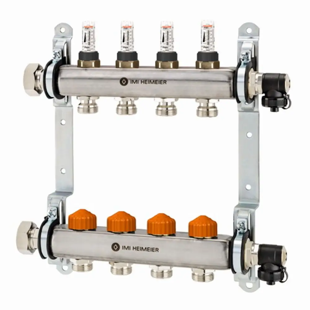 Heizkreisverteiler von IMI Hydronic Engineering mit zwei Heizkreisen, ausgestattet mit Durchflussreglern und sichtbaren Anzeigen für die Durchflusskontrolle.